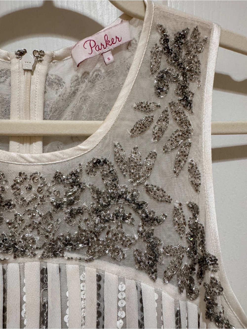 Parker Beaded Sequin Fringe Cocktail Dress Ivory Silver Size Small